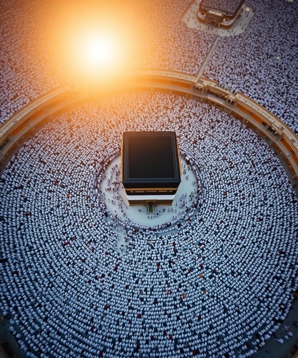 Aerial view of pilgrims circling the Kaaba